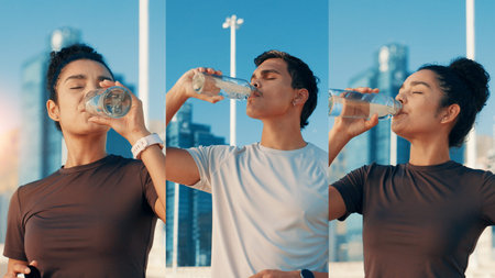 People, fitness and drinking water with collage in city for natural sustainability, recovery or...