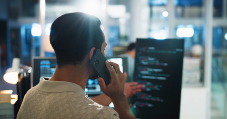 Office, man and developer with computer screen for phone call, coding consulting and back with...