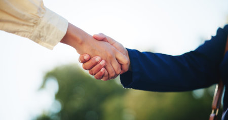 Teamwork, business people and handshake outdoor for deal, sustainable agreement or eco friendly...