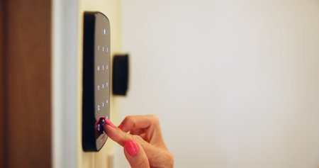 Door, password and hands on smart lock, home and keyless entry with security system for access and...