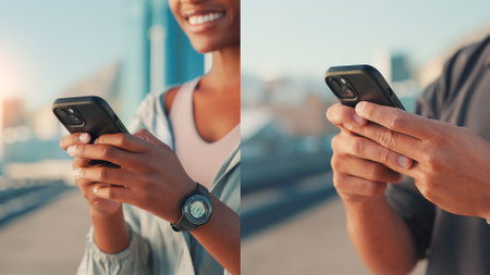People, fitness and phone in collage for workout app, communication or tracking performance in city street. Closeup, hands or runners with mobile smartphone or montage for health and wellness in townの写真素材