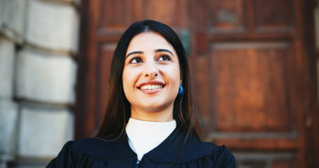 Thinking, lawyer and woman with smile, confidence and pride for career ambition and success. Person,...