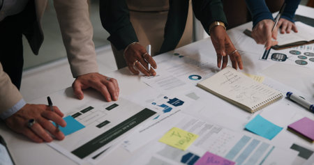 Above, hands and business people in office with paper, workflow or mindmap for campaign management...