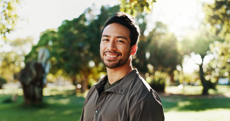 Fitness, man and smile with portrait at park for workout routine, morning cardio and ready for...