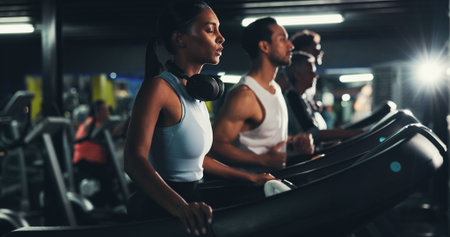 Runner, gym and tired with woman on treadmill for training, breathing and cardio performance....