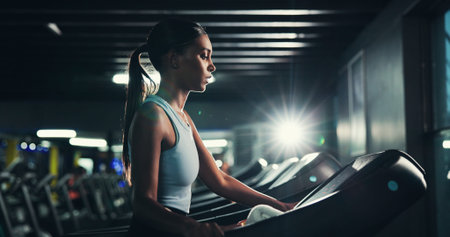 Fitness, profile and treadmill with woman in gym for cardio training or performance routine....