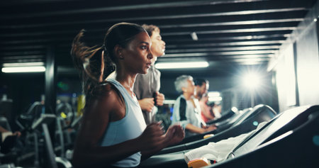Exercise, woman and running on treadmill in gym at night for fitness training, endurance challenge...