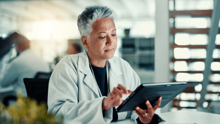 Science, lab and woman on tablet with plant sample for medical research, vaccine report and medicine. Healthcare, pharmaceutical and scientist on tech for study, medicinal analysis or digital resultsの写真素材