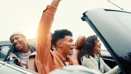 Drive, freedom and road trip with happy friends in car together for holiday, travel or vacation....