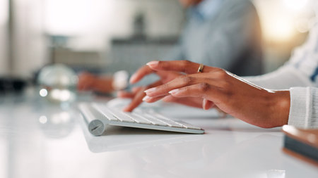 Computer, hands and keyboard with business person at desk in office for administration or report....