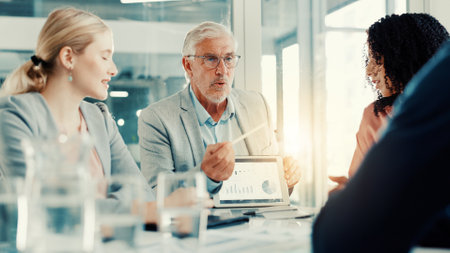 Presentation, businessman and tablet screen with charts in meeting, investment metrics or planning. Office, team or brainstorming with financial dashboard, data or performance analysis with kpi statsの写真素材