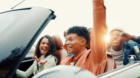 Celebration, drive and road trip with happy friends in car together for holiday, travel or vacation....