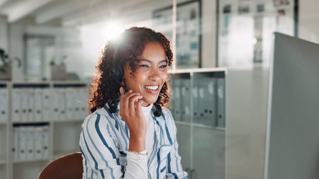Computer, smile and woman with headset in call center for help or online assistance. Communication,...