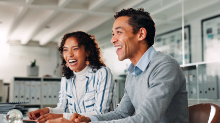 Business people, coworking and smile in office for success, online assistance and celebration. Man, woman and customer service employee happy for feedback bonus or promotion as virtual assistantの写真素材