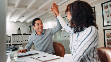 Business people, high five and smile in office for success, online assistance and celebration. Man,...
