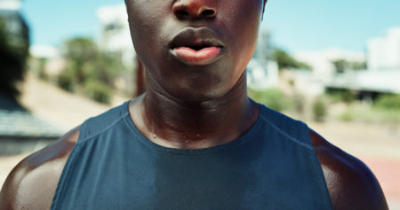 Athlete, mouth and tired with breathing outdoor for running challenge, endurance training and...