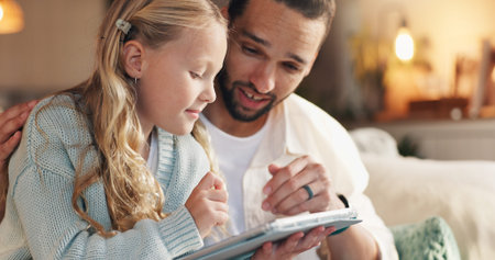 Home, father and girl with tablet, smile and bonding together with online entertainment. Happy...
