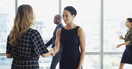 Office, greeting and handshake with business women together with smile for event. Welcome, partnership and shaking hands with employee for introduction to corporate seminar, networking or workshopの写真素材