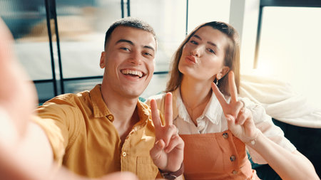 Selfie, portrait and couple on sofa in home for relax with memory, profile picture or social media...