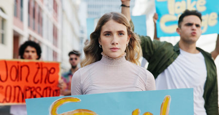 Community, angry and woman with poster in city for announcement, human rights or power. Group,...