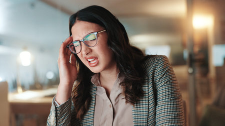 Night, business and woman with glasses headache and burnout with deadline, strain and writer....