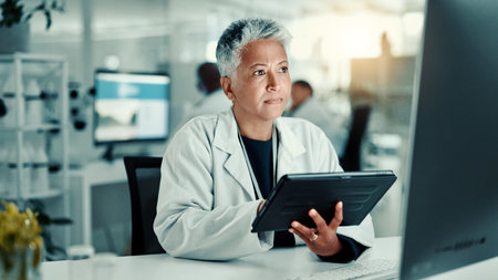 Science, lab and mature woman on tablet for medical research, vaccine report and medicine....