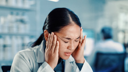 Woman, headache and stress at lab for science, study and burnout with project for medical research. Person, migraine and pain with fatigue, exhausted and tired with pharma development for vaccineの写真素材