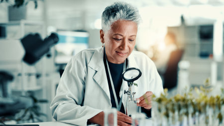 Magnifying glass, plant and science with person in laboratory for gene function, biology and medical research. Gmo editing, pharmacy innovation and cell regeneration with mature woman for growthの写真素材