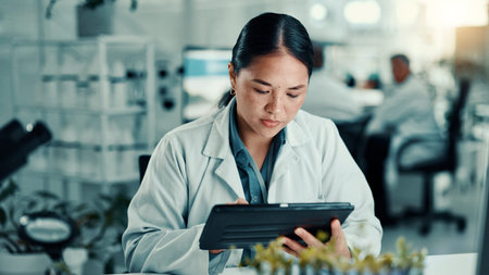 Science, lab and woman on tablet with sample for medical research, vaccine report and medicine....