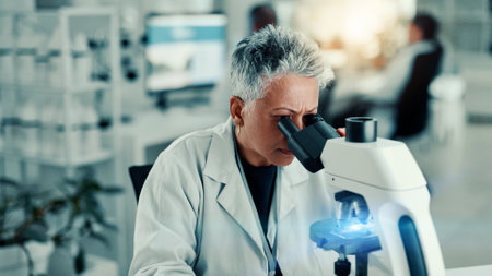 Mature woman, scientist and microscope in lab for medical research, gene function and experiment. Person, biotechnology and gmo editing for studying cell, review growth and virus analysis for vaccineの写真素材