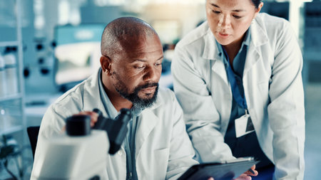 Science, people and discussion with tablet in lab for medical research, vaccine report and review....