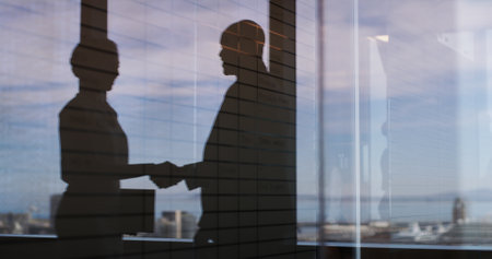 Business people, shaking hands and silhouette at office, welcome and deal b2b collaboration. Partnership, employee and handshake with success, achievement or thank you with support at finance agencyの写真素材