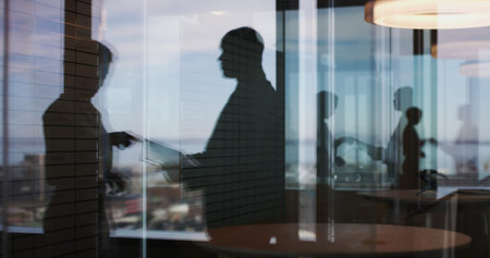 Documents, window reflection and business people in office with discussion for finance report....