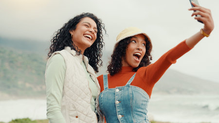 Friends laughing, holiday and selfie at beach for vacation, excited and happy memory on island....