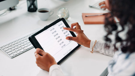Online, screen and hands with tablet, office and checking performance of sales for financial growth....