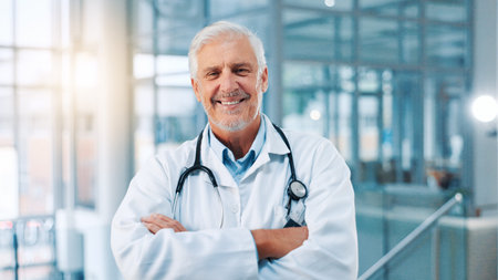Portrait, mature man and doctor in hospital with smile, professional pride and wellness in clinic. Healthcare, male person and cardiologist with arms crossed for about us, medical employee and happyの写真素材