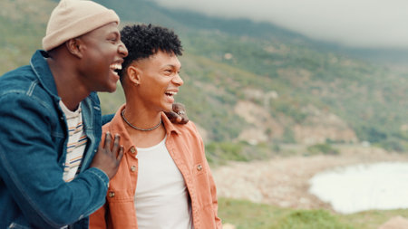 Travel, view and friends with laughing on mountain for holiday adventure, exploring and funny joke. Space, men and happy together in nature with sightseeing environment, bonding and weekend getawayの写真素材