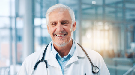 Portrait, mature man and doctor in healthcare with smile, professional career or wellness in clinic. Hospital, male person and cardiologist with confidence for about us, medical employee and happyの写真素材
