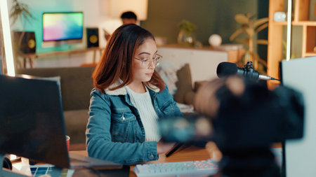 Content creation, camera and woman in studio, mic and communication with influencer. People, house...