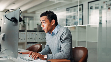 Computer, typing and man in call center for help or online assistance admin. Communication, contact...