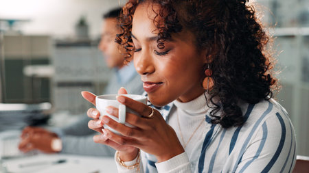 Office, coworking and business woman with coffee for aroma, drink and espresso break for consultant. Workplace, female person and professional worker with tea cup as beverage, caffeine or smell scentの写真素材