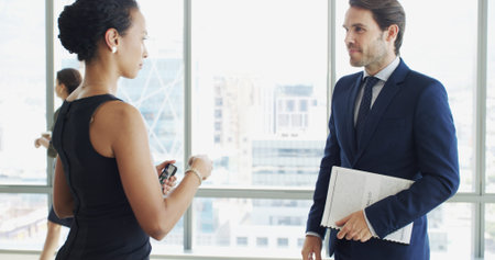 Lobby, office and business people in discussion with report for feedback, review and planning....