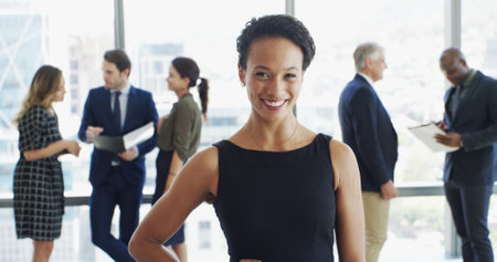 Office, businesswoman and portrait with lawyer for law firm professional career and confidence. About us, female person and attorney with smile for meeting, ambition and case justice in workplaceの写真素材