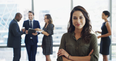 Office, crossed arms and portrait of business woman in lobby with confidence, pride and ambition....