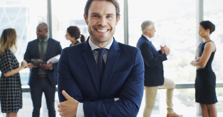 Office, crossed arms and portrait of business man in lobby with confidence, pride and ambition....