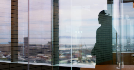 Silhouette, business and person at window in office for architecture, career ambition and buildings. Architect, vision and property development, urban infrastructure and city view for town expansionの写真素材