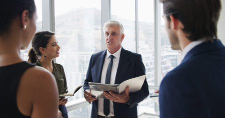 Manager, speaker and business people in meeting in office for feedback, financial review and...