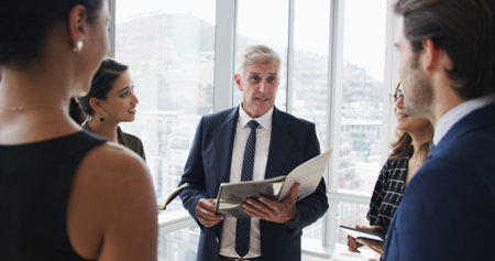 Manager, corporate and business people in meeting in office for feedback, financial review and...