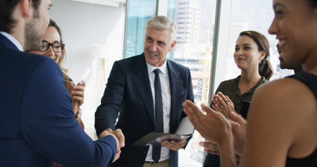 Business man, handshake and group with applause at meeting, goals and success at office. People, CEO...