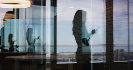 Window, silhouette and business woman with phone for communication, text or check insurance email. Mobile, reading and worker in office or schedule, review policy and risk management with reflectionの写真素材